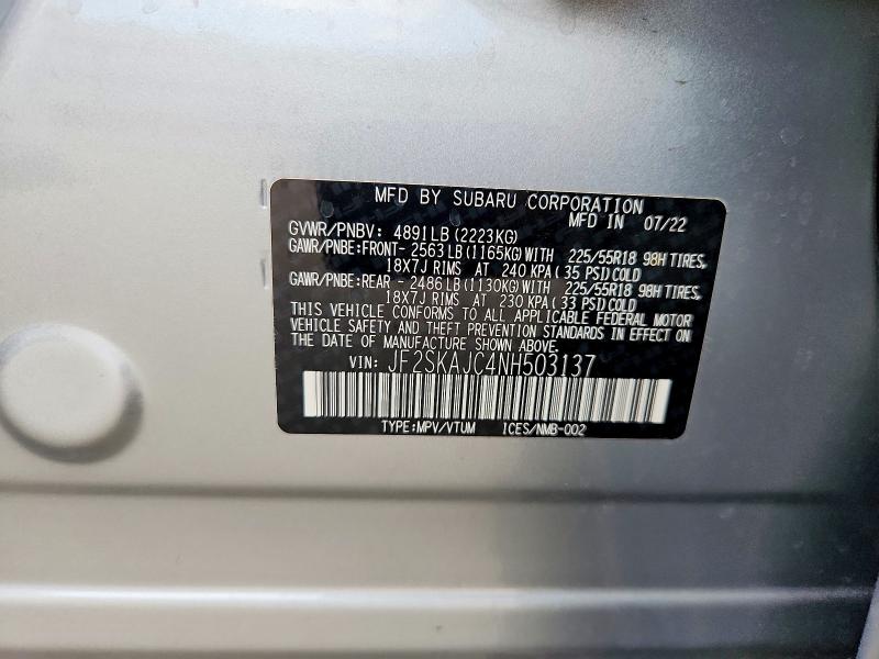 61948766 :رقم المزاد ، JF2SKAJC4NH503137 vin ، 2022 Subaru Forester مزاد بيع