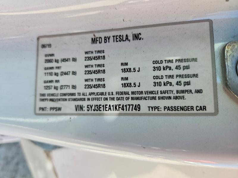 Aukcja sprzedaży 2019 Tesla Model 3, vin: 5YJ3E1EA1KF417749, numer aukcji: 61164236
