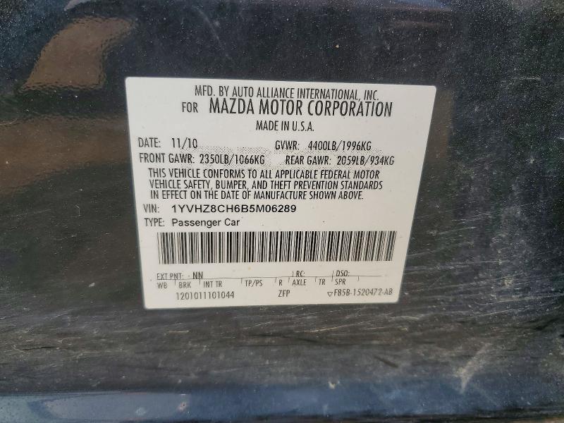 2011 Mazda 6 მანქანა იყიდება აუქციონზე, vin: 1YVHZ8CH6B5M06289, აუქციონის ნომერი: 62238596