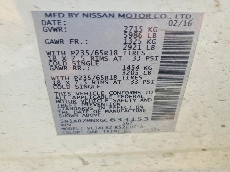 59721046 :رقم المزاد ، 5N1AR2MNXGC633153 vin ، 2016 Nissan Pathfinder مزاد بيع