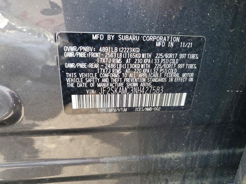 61014696 :رقم المزاد ، JF2SKAMC3NH427583 vin ، 2022 Subaru Forester مزاد بيع