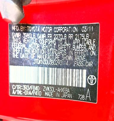 Aukcja sprzedaży 2011 Toyota Prius, vin: JTDKN3DU3B0293114, numer aukcji: 56142856