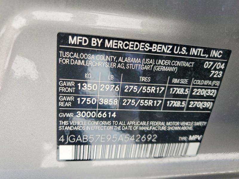 2005 Mercedes-benz Ml მანქანა იყიდება აუქციონზე, vin: 4JGAB57E95A542692, აუქციონის ნომერი: 59232366