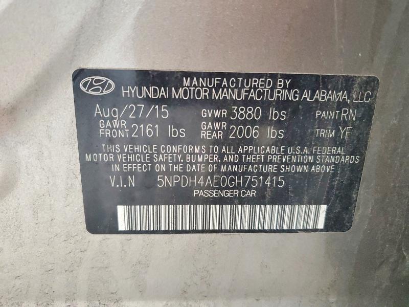 2016 Hyundai Elantra მანქანა იყიდება აუქციონზე, vin: 5NPDH4AE0GH751415, აუქციონის ნომერი: 62581896
