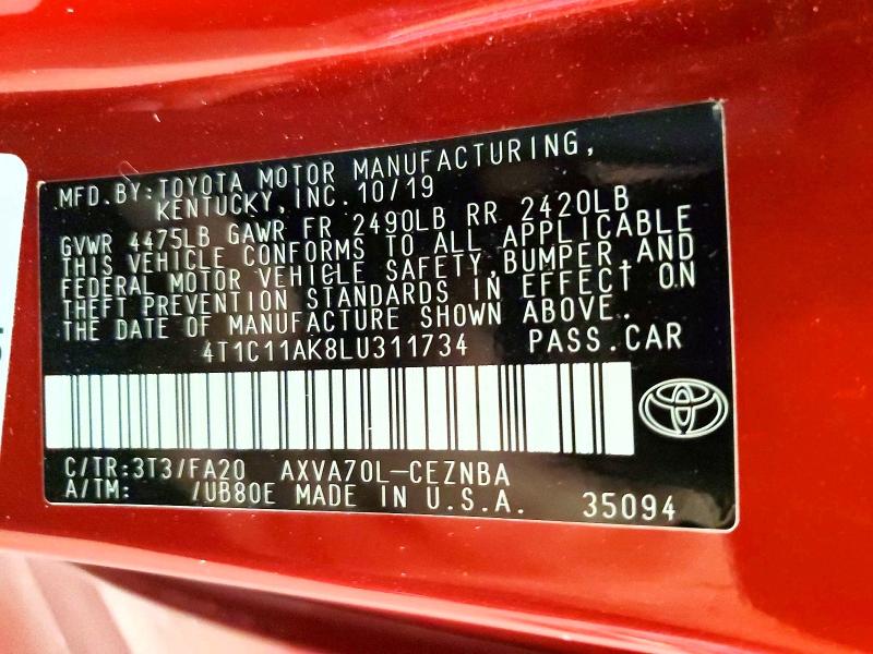 Aukcja sprzedaży 2020 Toyota Camry, vin: 4T1C11AK8LU311734, numer aukcji: 61107196