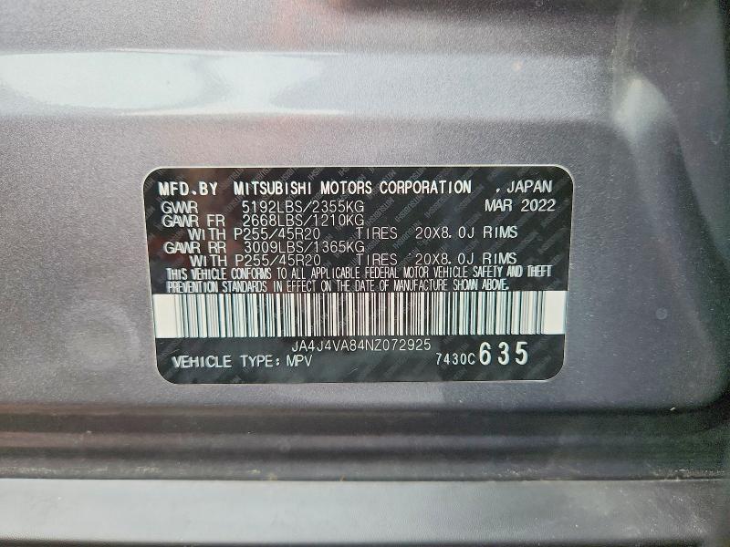 61607126 :رقم المزاد ، JA4J4VA84NZ072925 vin ، 2022 Mitsubishi Outlander مزاد بيع
