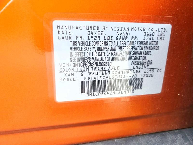 Aukcja sprzedaży 2022 Nissan Kicks, vin: 3N1CP5CV2NL509310, numer aukcji: 59893686