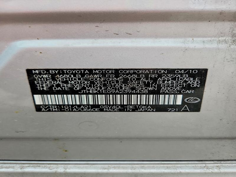 60508046 :رقم المزاد ، JTHBK1EG9A2394438 vin ، 2010 Lexus Es مزاد بيع