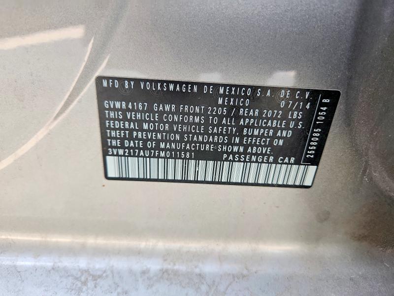 62108606 :رقم المزاد ، 3VW217AU7FM011581 vin ، 2015 Volkswagen Golf مزاد بيع
