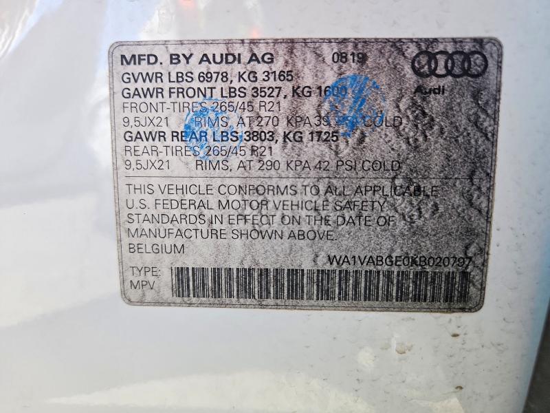 Aukcja sprzedaży 2019 Audi E-tron, vin: WA1VABGE0KB020797, numer aukcji: 85970975