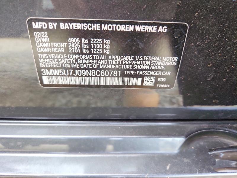 62506766 :رقم المزاد ، 3MW5U7J09N8C60781 vin ، 2022 Bmw M340i مزاد بيع
