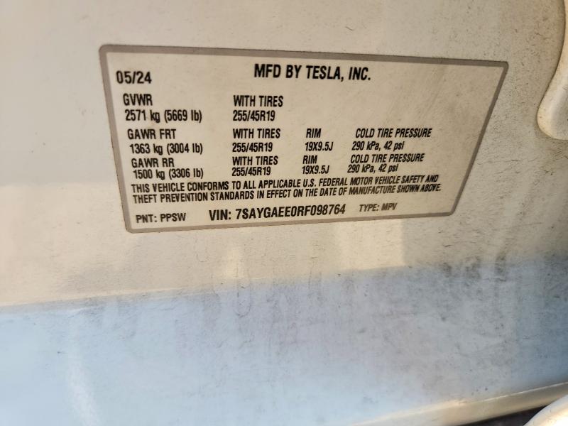 62624906 :رقم المزاد ، 7SAYGAEE0RF098764 vin ، 2024 Tesla Model Y مزاد بيع