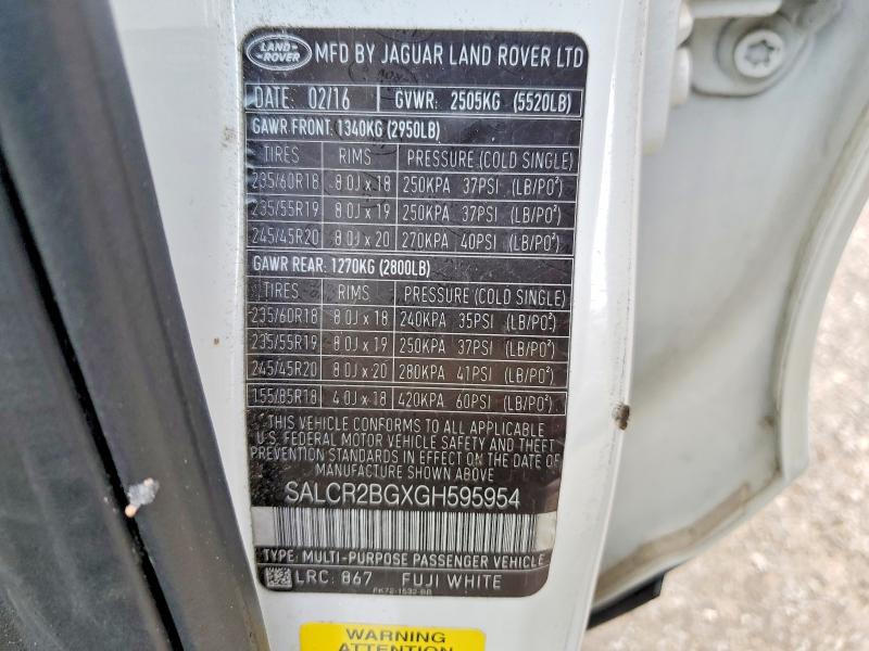 60434906 :رقم المزاد ، SALCR2BGXGH595954 vin ، 2016 Land Rover Discovery Sport مزاد بيع