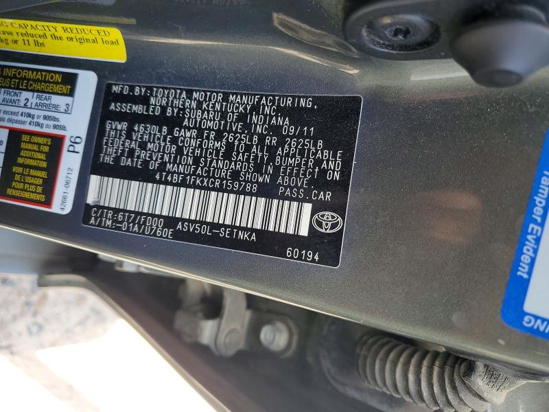 Aukcja sprzedaży 2012 Toyota Camry, vin: 4T4BF1FKXCR159788, numer aukcji: 62282706