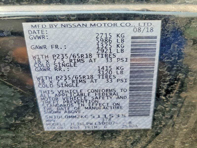 62337996 :رقم المزاد ، 5N1DL0MM2KC511535 vin ، 2019 Infiniti Qx60 مزاد بيع