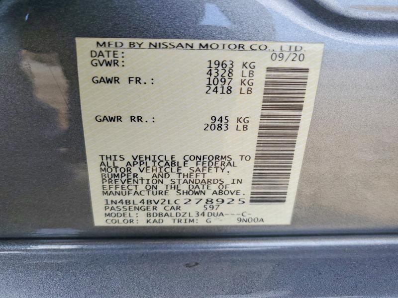 2020 Nissan Altima მანქანა იყიდება აუქციონზე, vin: 1N4BL4BV2LC278925, აუქციონის ნომერი: 61762096
