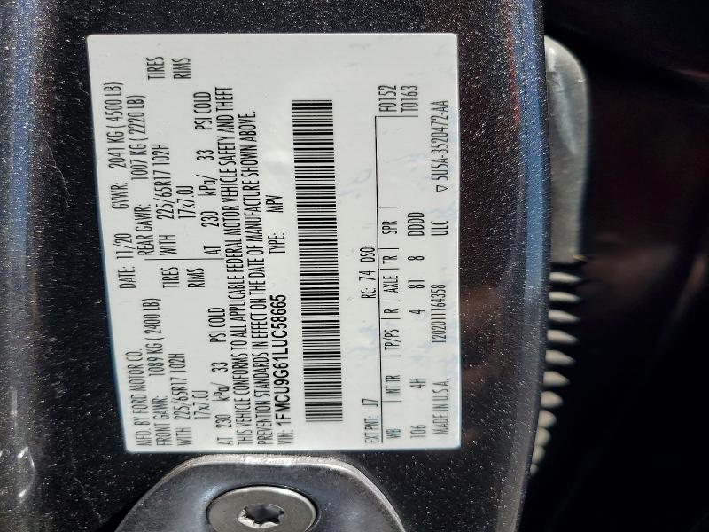 2020 Ford Escape მანქანა იყიდება აუქციონზე, vin: 1FMCU9G61LUC58665, აუქციონის ნომერი: 60184816