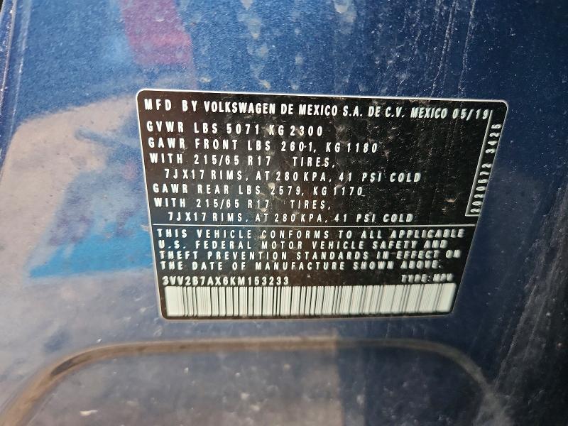 62032006 :رقم المزاد ، 3VV2B7AX6KM153233 vin ، 2019 Volkswagen Tiguan مزاد بيع