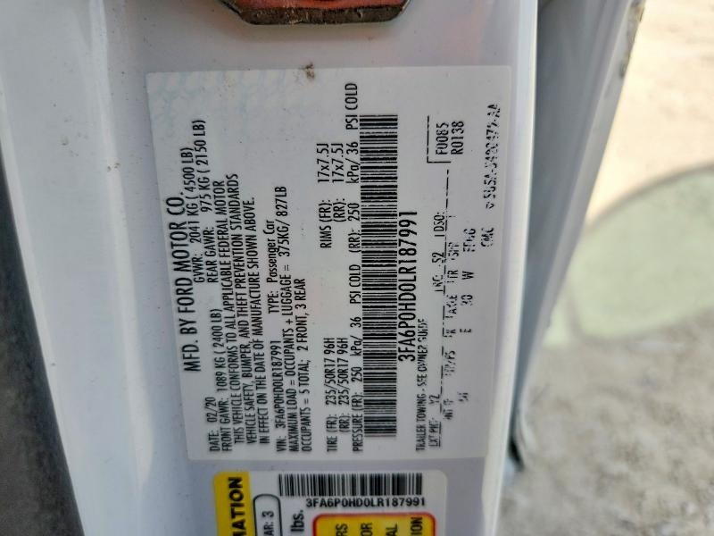 2020 Ford Fusion მანქანა იყიდება აუქციონზე, vin: 3FA6P0HD0LR187991, აუქციონის ნომერი: 62866946