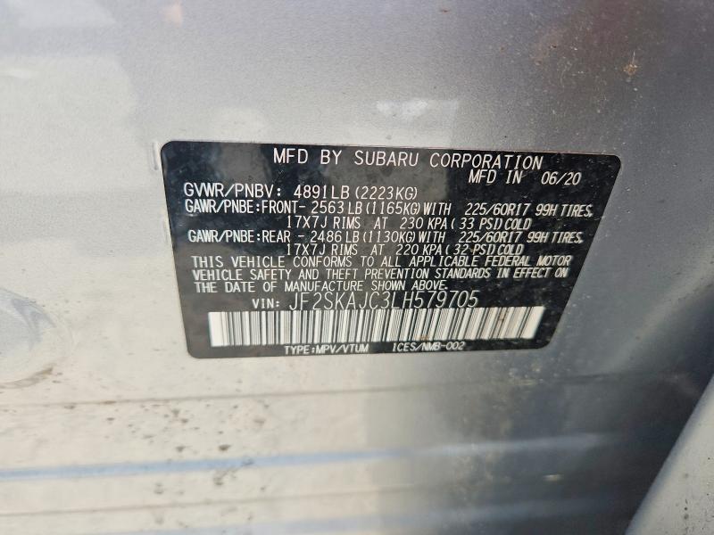 2020 Subaru Forester მანქანა იყიდება აუქციონზე, vin: JF2SKAJC3LH579705, აუქციონის ნომერი: 59347766
