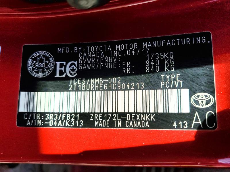 61610566 :رقم المزاد ، 2T1BURHE6HC904213 vin ، 2017 Toyota Corolla مزاد بيع