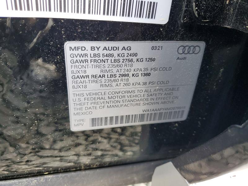 2021 Audi Q5 მანქანა იყიდება აუქციონზე, vin: WA1AAAFY4M2078919, აუქციონის ნომერი: 59350876