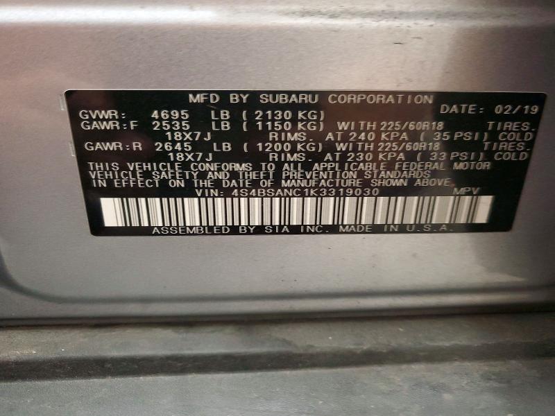 Aukcja sprzedaży 2019 Subaru Outback, vin: 4S4BSANC1K3319030, numer aukcji: 59786736