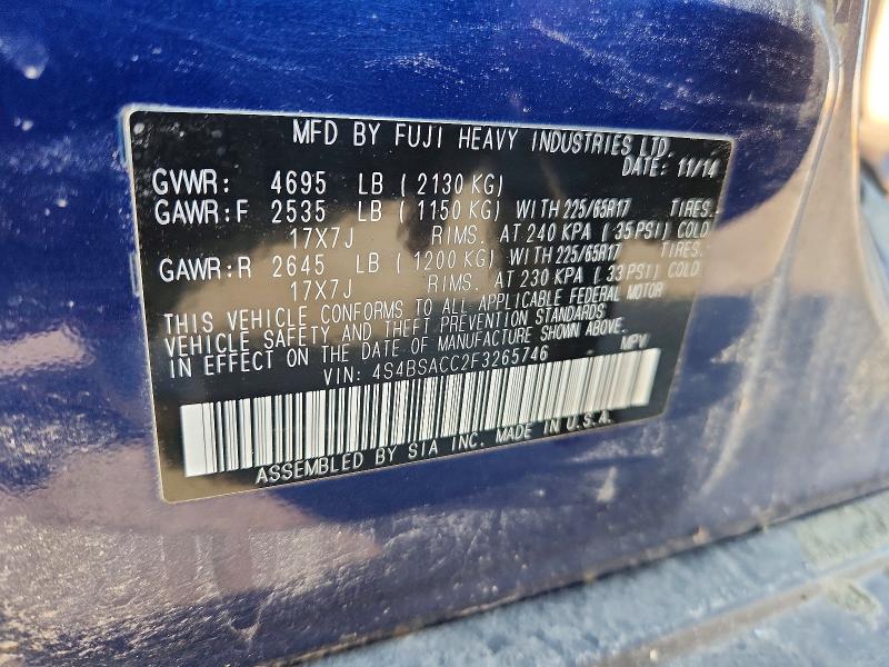 Продажа на аукционе авто 2015 Subaru Outback, vin: 4S4BSACC2F3265746, номер лота: 60002456