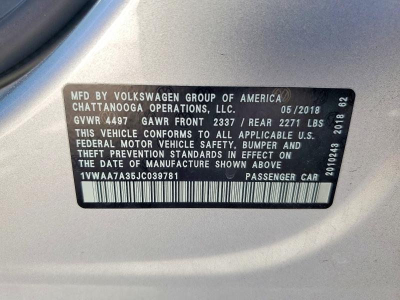 2018 Volkswagen Passat მანქანა იყიდება აუქციონზე, vin: 1VWAA7A35JC039781, აუქციონის ნომერი: 59902506
