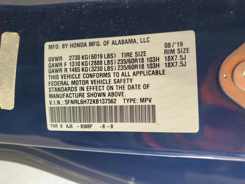 2019 Honda Odyssey მანქანა იყიდება აუქციონზე, vin: 5FNRL6H72KB137562, აუქციონის ნომერი: 60868876