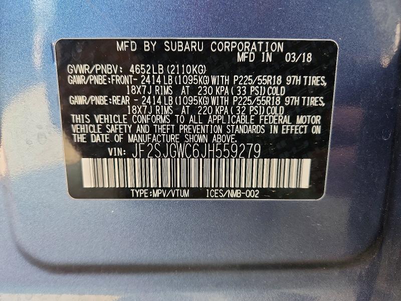 2018 Subaru Forester მანქანა იყიდება აუქციონზე, vin: JF2SJGWC6JH559279, აუქციონის ნომერი: 61184286