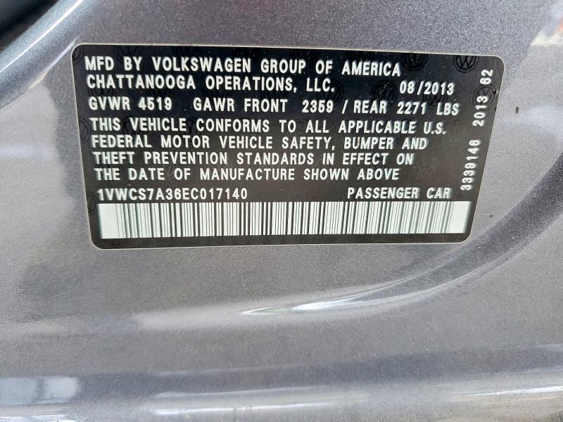 60262456 :رقم المزاد ، 1VWCS7A36EC017140 vin ، 2014 Volkswagen Passat مزاد بيع