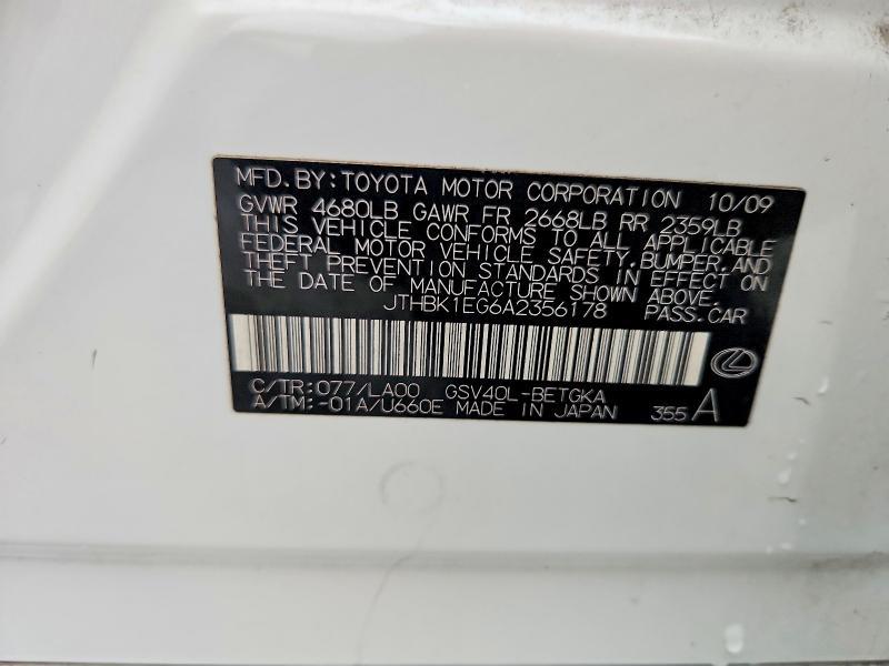 62284446 :رقم المزاد ، JTHBK1EG6A2356178 vin ، 2010 Lexus Es مزاد بيع