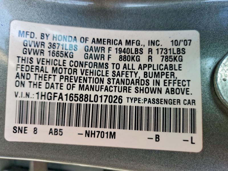 2008 Honda Civic მანქანა იყიდება აუქციონზე, vin: 1HGFA16588L017026, აუქციონის ნომერი: 62293196