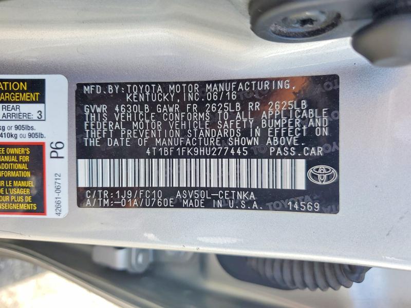 Aukcja sprzedaży 2017 Toyota Camry, vin: 4T1BF1FK9HU277445, numer aukcji: 62706706