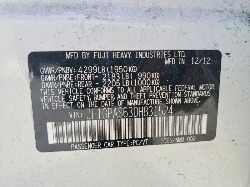61251136 :رقم المزاد ، JF1GPAS63DH831524 vin ، 2013 Subaru Impreza مزاد بيع