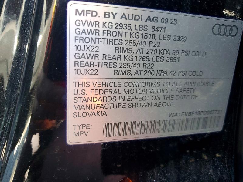 2023 Audi Q8 მანქანა იყიდება აუქციონზე, vin: WA1EVBF18PD047731, აუქციონის ნომერი: 61203956