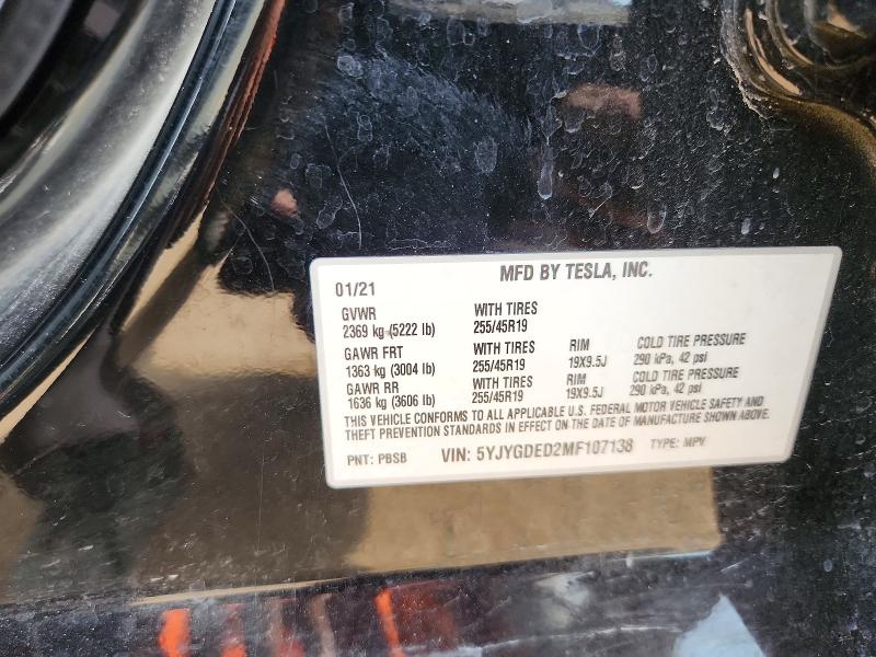 61533626 :رقم المزاد ، 5YJYGDED2MF107138 vin ، 2021 Tesla Model Y مزاد بيع