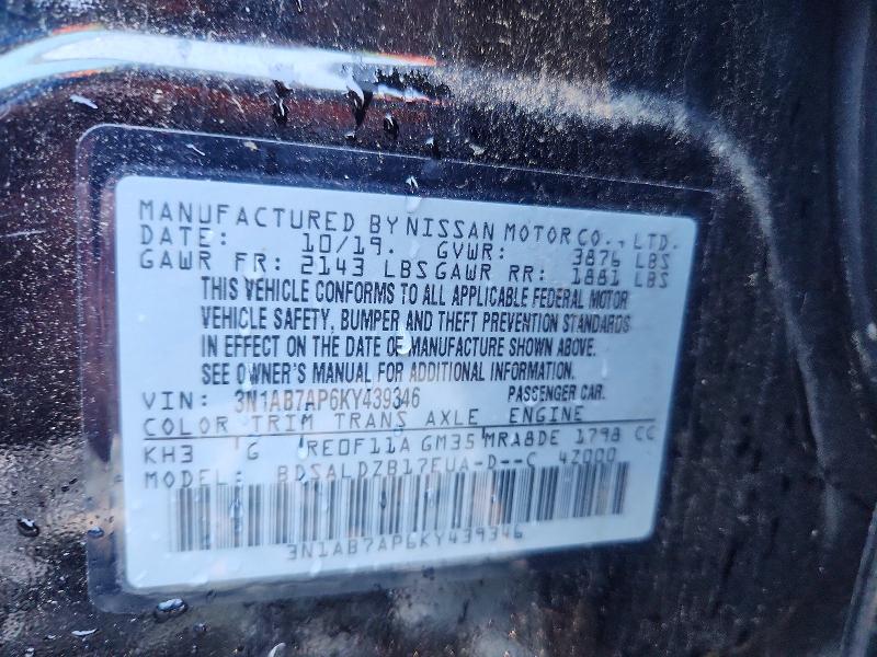 2019 Nissan Sentra მანქანა იყიდება აუქციონზე, vin: 3N1AB7AP6KY439346, აუქციონის ნომერი: 61303806