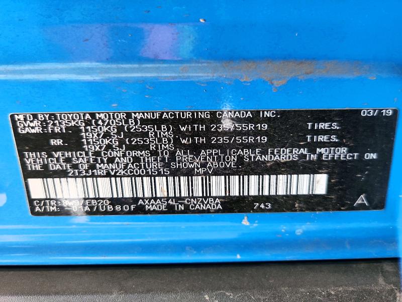 2019 Toyota Rav4 მანქანა იყიდება აუქციონზე, vin: 2T3J1RFV2KC001515, აუქციონის ნომერი: 60779036