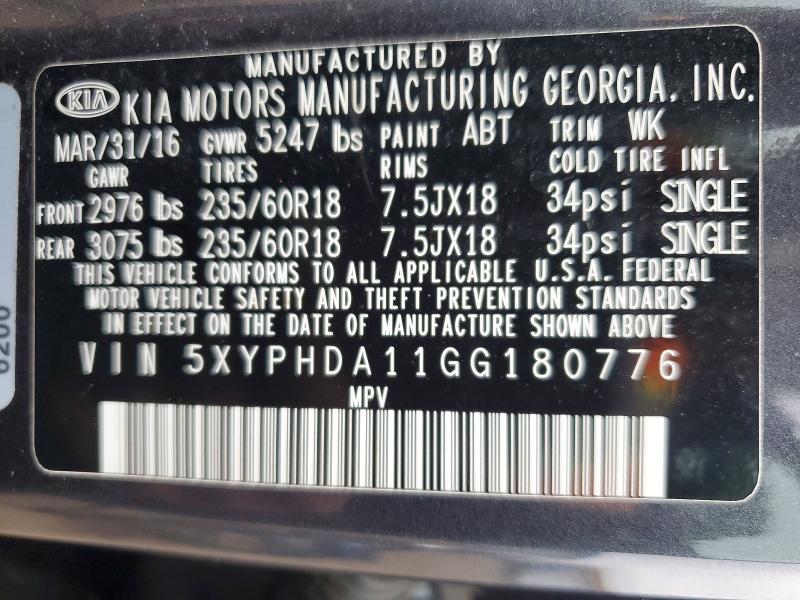 Продаж на аукціоні авто 2016 Kia Sorento, vin: 5XYPHDA11GG180776, номер лоту: 62627026