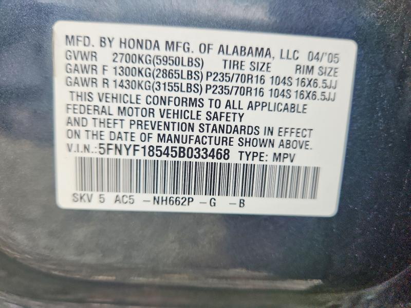 Aukcja sprzedaży 2005 Honda Pilot, vin: 5FNYF18545B033468, numer aukcji: 60090876