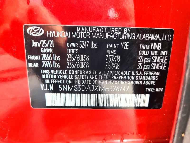 61234706 :رقم المزاد ، 5NMS3DAJXMH326747 vin ، 2021 Hyundai Santa Fe مزاد بيع