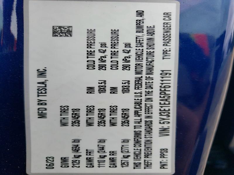 63147796 :رقم المزاد ، 5YJ3E1EA5PF611191 vin ، 2023 Tesla Model 3 مزاد بيع