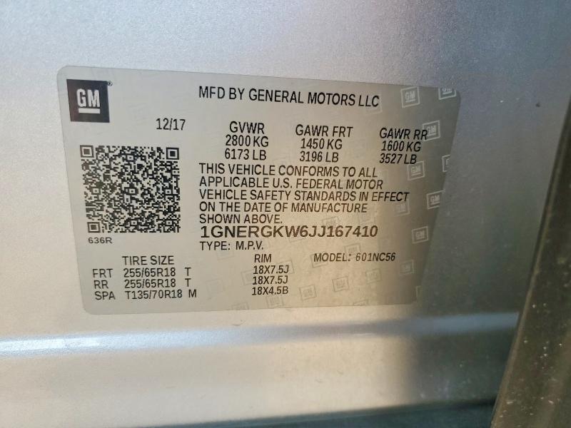 62772506 :رقم المزاد ، 1GNERGKW6JJ167410 vin ، 2018 Chevrolet Traverse مزاد بيع