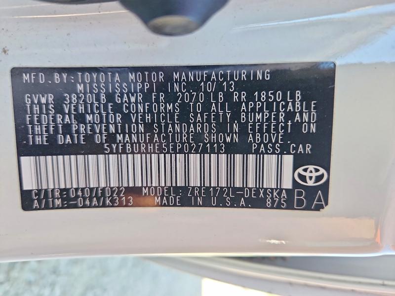 62625596 :رقم المزاد ، 5YFBURHE5EP027113 vin ، 2014 Toyota Corolla مزاد بيع