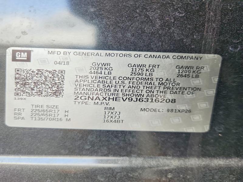 Aukcja sprzedaży 2018 Chevrolet Equinox, vin: 2GNAXHEV9J6316208, numer aukcji: 61223336