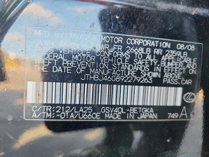 Aukcja sprzedaży 2009 Lexus Es, vin: JTHBJ46G892279263, numer aukcji: 56504216