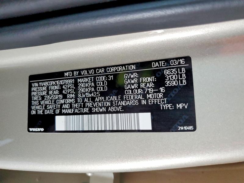 62202146 :رقم المزاد ، YV4BC0PK1G1078991 vin ، 2016 Volvo Xc90 مزاد بيع