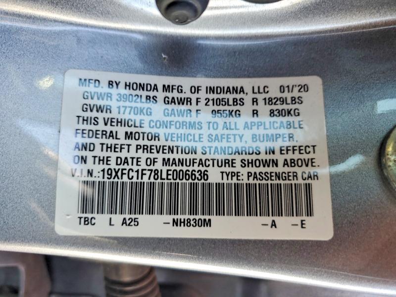 Продаж на аукціоні авто 2020 Honda Civic, vin: 19XFC1F78LE006636, номер лоту: 61218876
